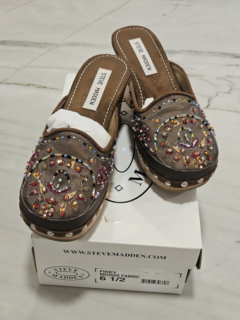 Vintage Steve Madden FIREY Beaded Platform Clogs Mules Bronze Satin Y2K Boho 6.5